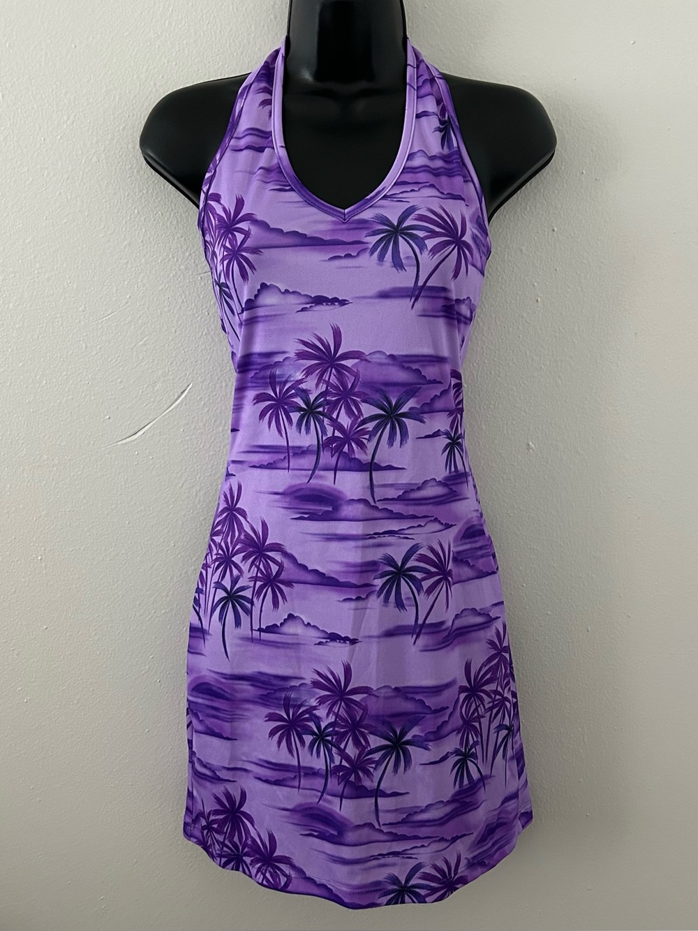 Y2K 90s Purple Hawaiian Palm Tree Print Halter Mini Dress Size S Tropical Beckys